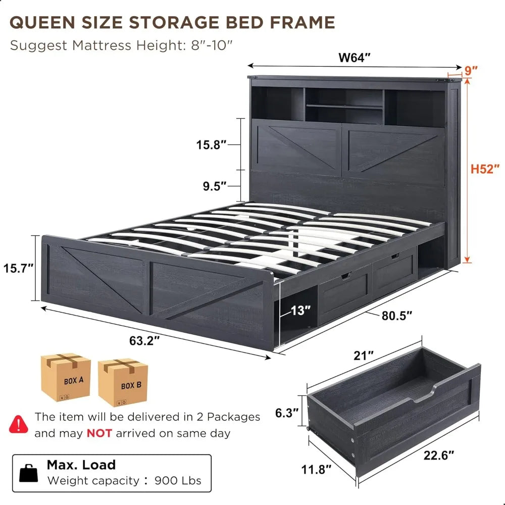 Queen Size Wood Bed Frame Farmhouse with 52" Tall Storage Bookcase Headboard, LED Light,Charging Station,4 Drawers and Solid Woo