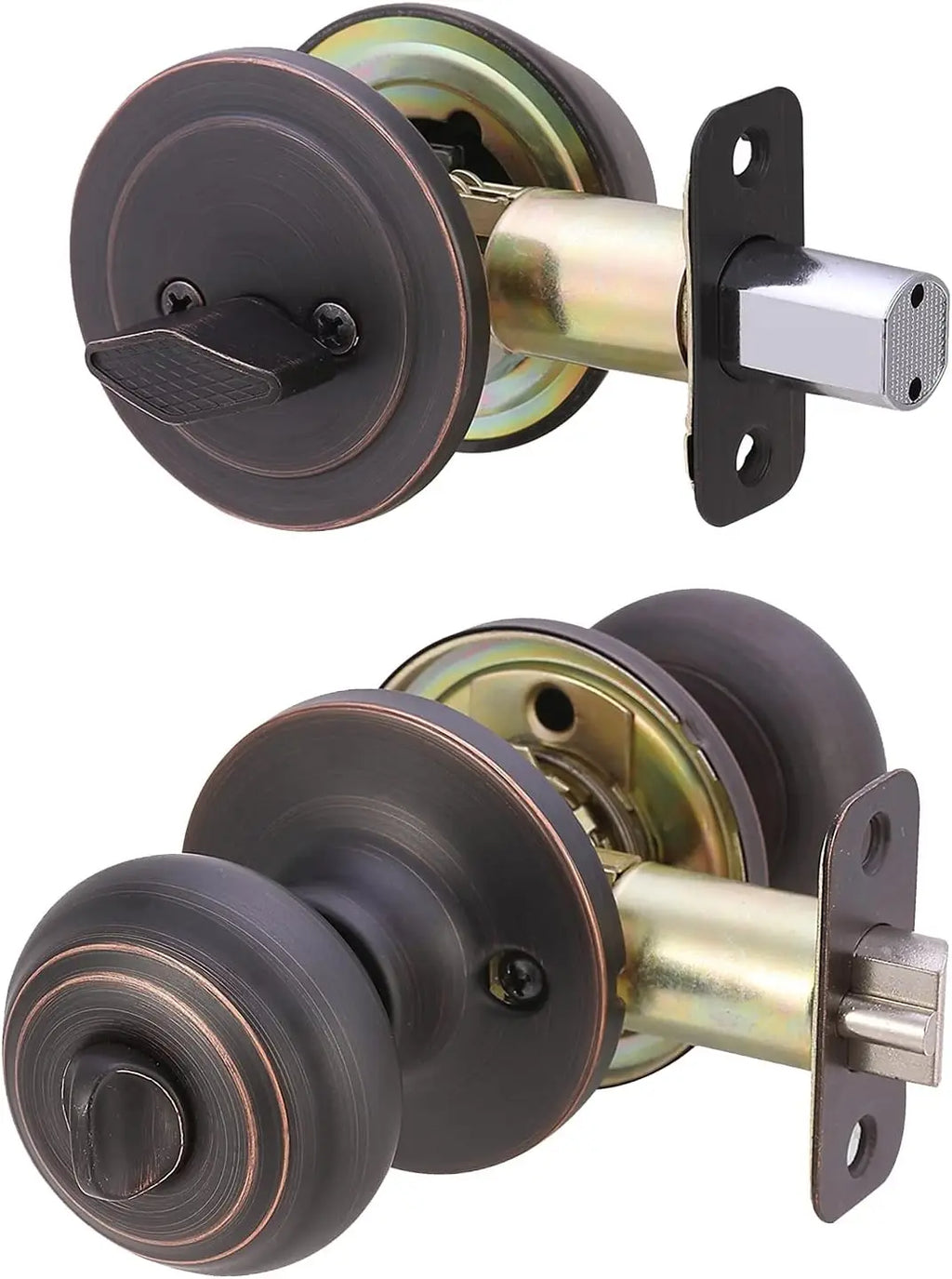 Exterior Door Knob Set with Key Lock and Deadbolt, Oil Rubbed Bronze Finish, Adjustable for Standard Doors