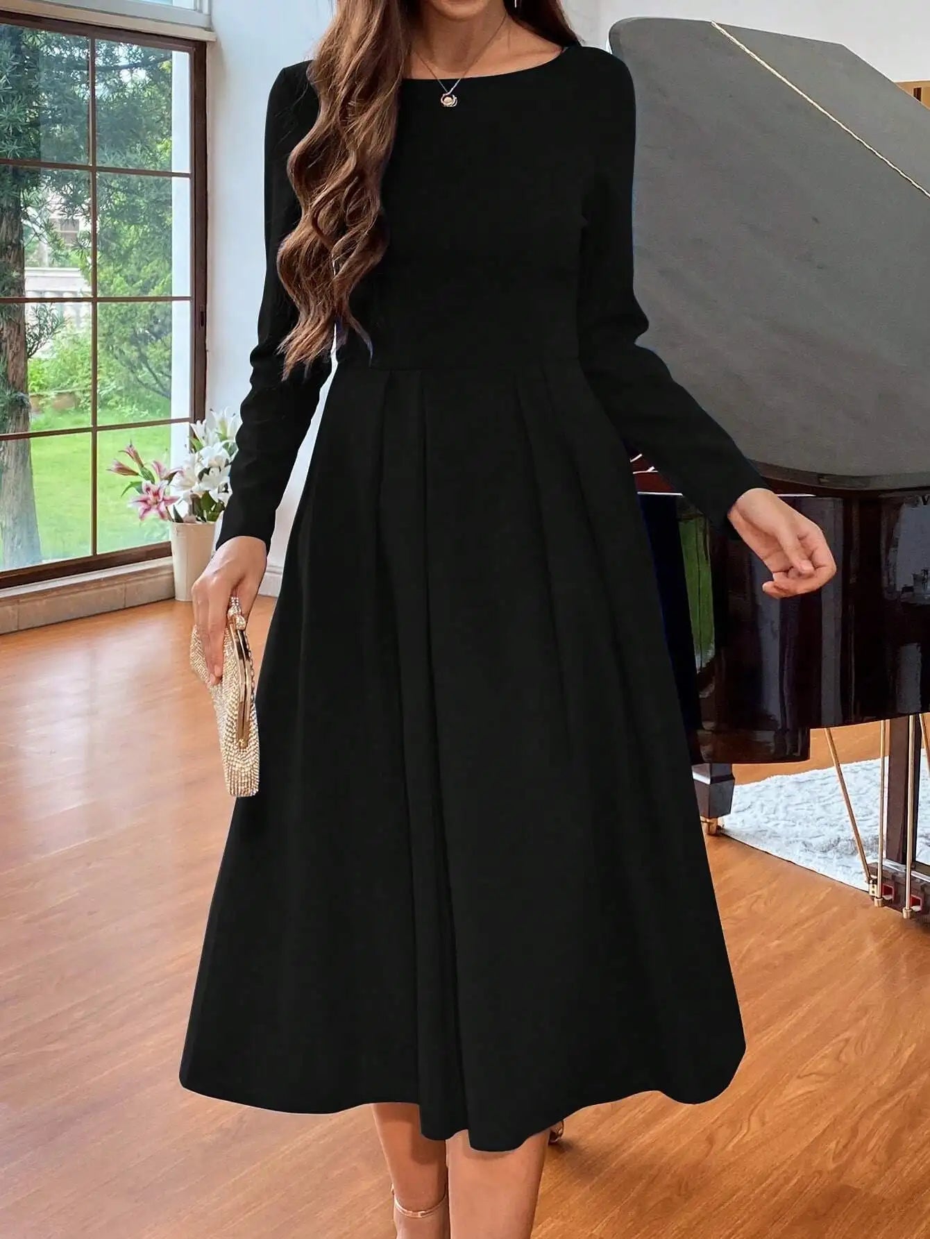 Wine Red Long Sleeve Round Neck Waist Seam A-Line Simple & Elegant Women Dress For Christmas