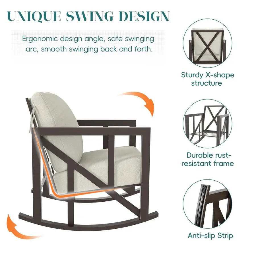 3 Pieces Rocking Bistro Set, Metal Outdoor Patio Furniture Set with 2 Rockers and 1 Table, Patio Conversation Set with Thick Cu