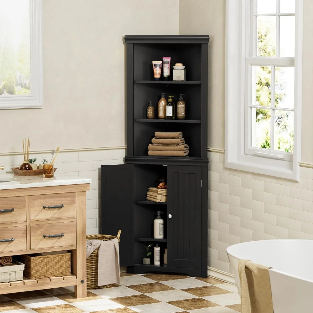 Corner Storage Cabinet with Doors, Adjustable Shelves for Living Room, Bathroom, Kitchen - Dark Black