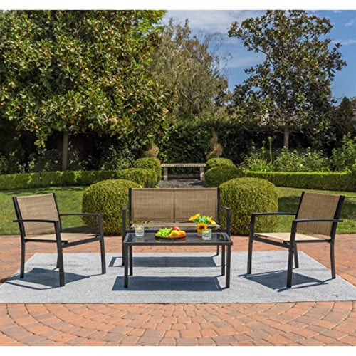 4 Pieces Patio Furniture Set Outdoor Garden Patio Conversation Sets Poolside Lawn Chairs with Glass Coffee Table Porch Furnitur