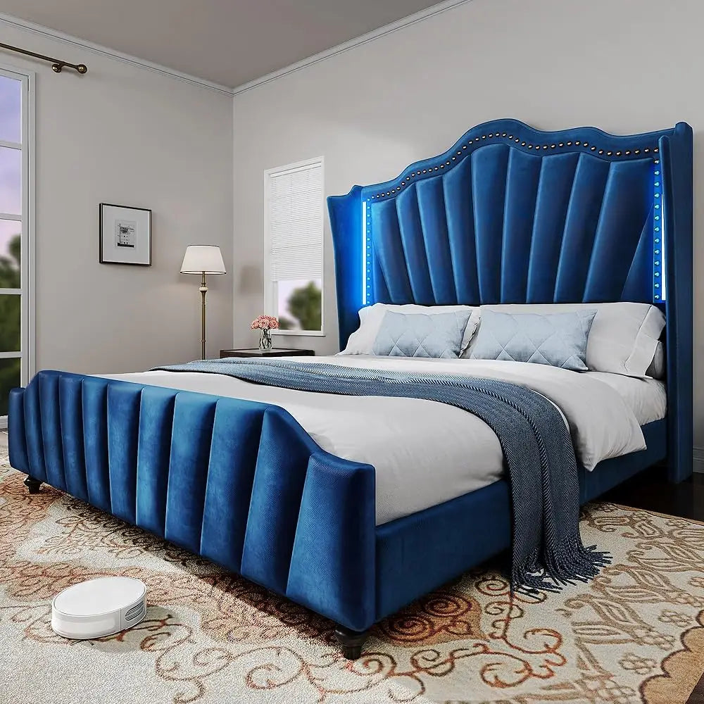 LED Queen Size Platform Bed Frame with 60" Tall Wingback Headboard and Footboard, Velvet Upholstered Bed, No Box Spring Needed