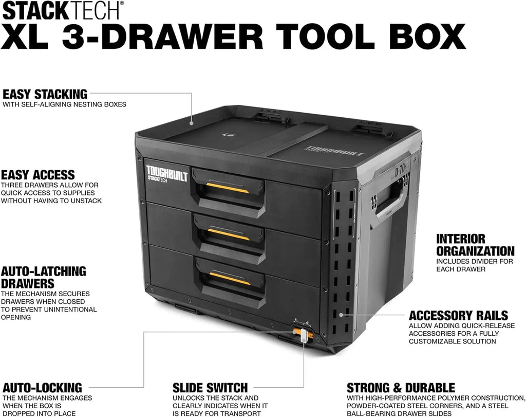 ToughBuilt StackTech XL 3 Drawer Tool Box, Heavy-Duty Portable Tools Chest, 50 lb Capacity - Stackable Toolbox Storage Organizer