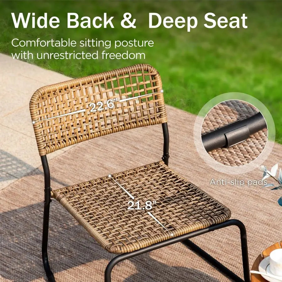 3 Pieces Outdoor Wicker Bistro Set for 2, Stackable Rattan Chairs amp Acacia Wood Round End Table, Small Teak Conversation Furn