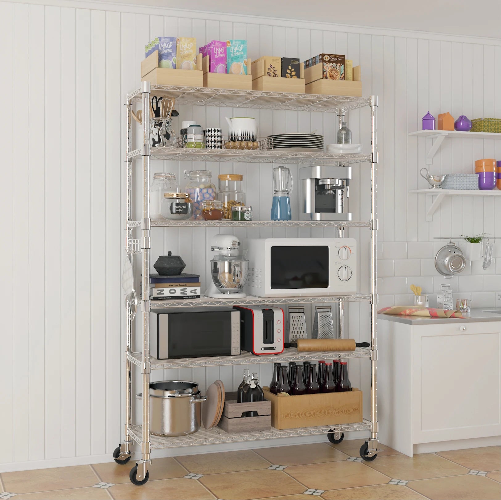 6-Tier Adjustable Metal Shelf with Wheels, Freely Adjustable Spacing, Home Storage Rack for Garage, Living Room, Bedroom