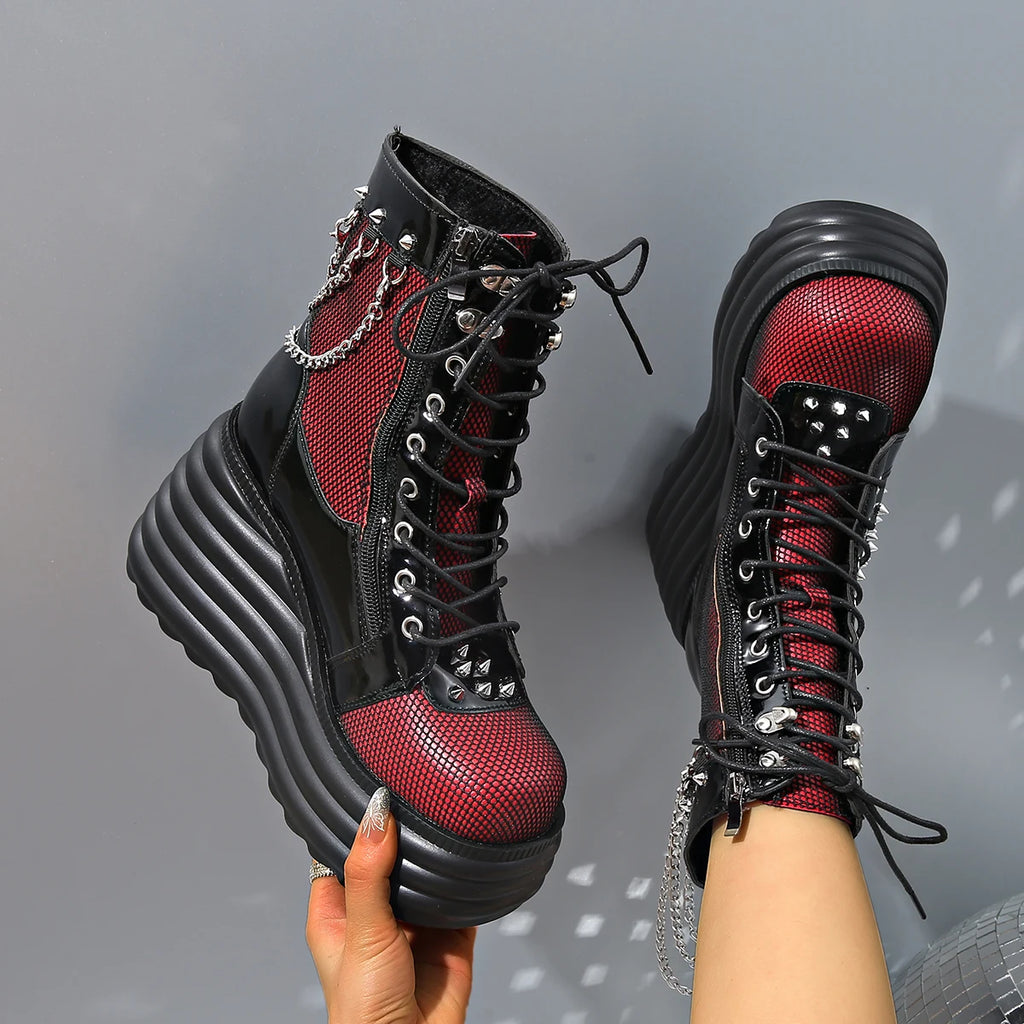 Gothic Y2k Women Ankle Boots Punk Wedges High Heels Platform Stacked Sole Metal Rivet Chain Decor Short Boots For Woman Autumn W