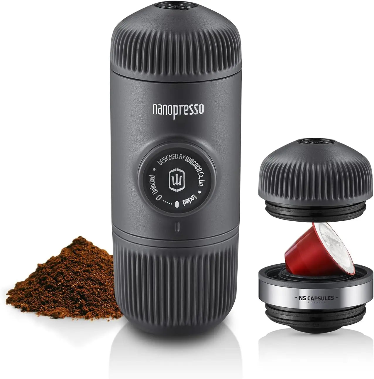 Nanopresso Portable Espresso Maker with NS Adapter, Compatible with NS Capsules & Ground Coffee, Travel Coffee Machine for Campi
