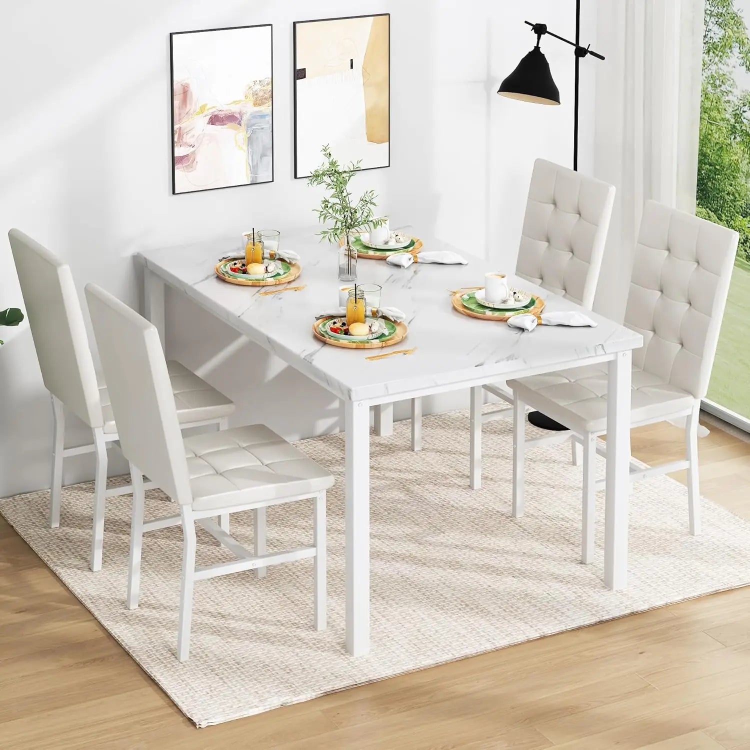 Dining Table Set for 4, Faux Marble Kitchen Table with 4 Leather Chairs, Modern White Dinette Set for Small Spaces