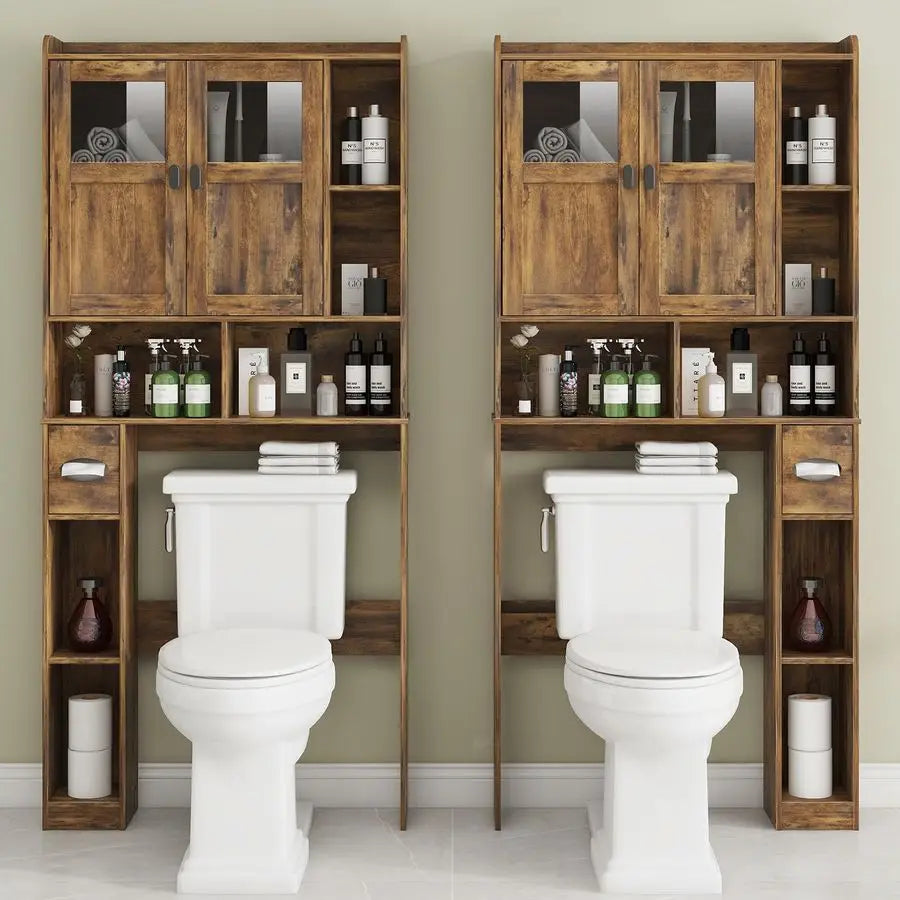 Over The Toilet Storage Cabinet, Bathroom Shelf Over Toilet with Glass Doors and Adjustable Shelves, Brown Freestanding Home Spa