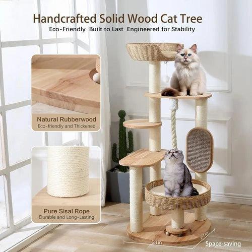49.6 Tall Wooden Cat Tower with Multi-Level Condo, Scratching Post, and Hand-Woven Bed for Large Indoor Cats