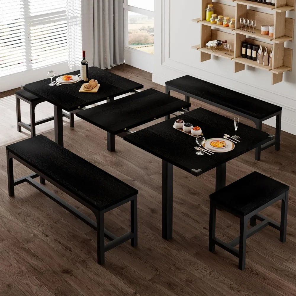 Feonase 5-Piece Dining Set for 4-8 Guests, 63 Extendable Kitchen Table with 2 Benches and 2 Square Stools