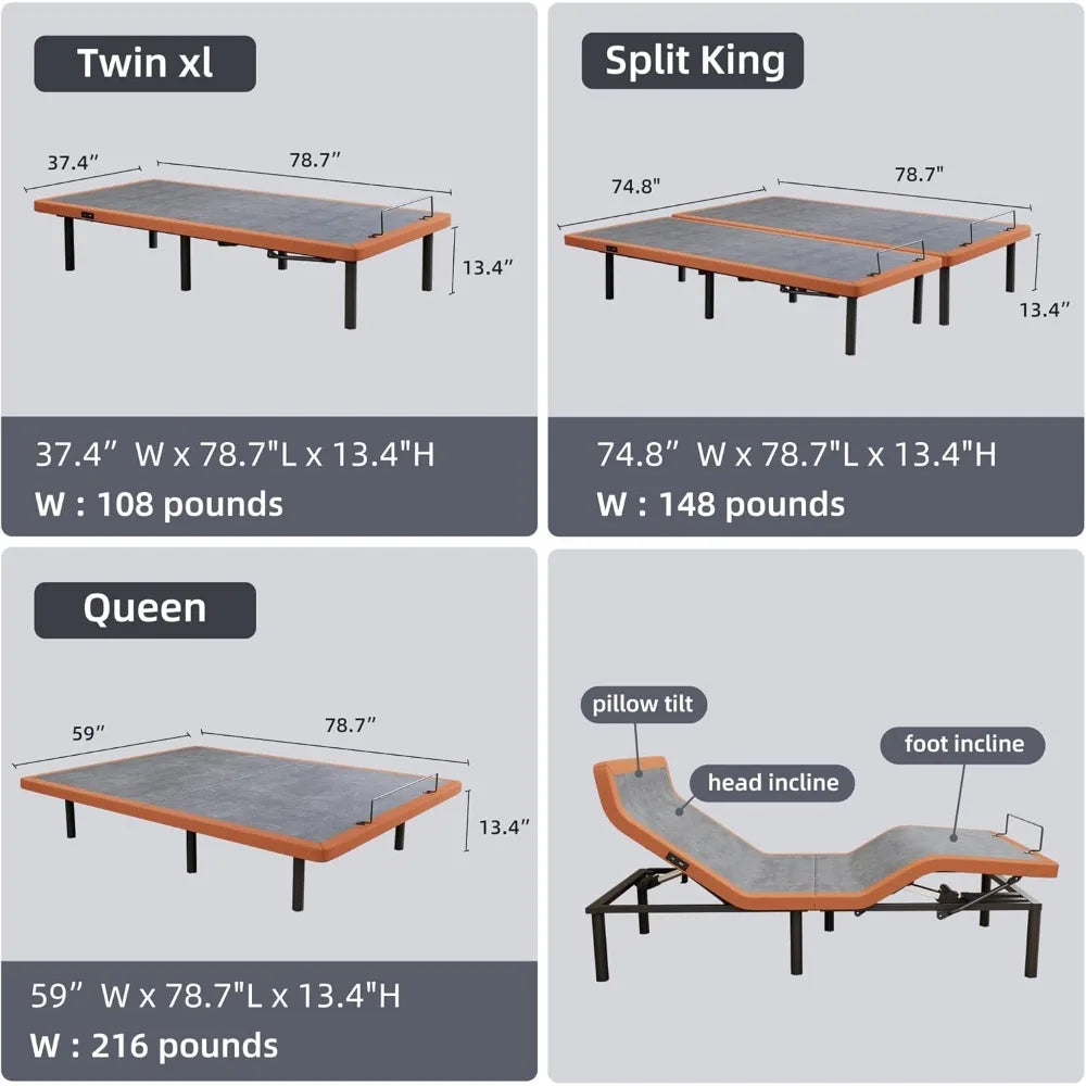 Adjustable Bed Frame - Bed Base with Massage, Pillow-tilt, Ergonomic Incline, Zero Gravity, Dual USB Port,Customized