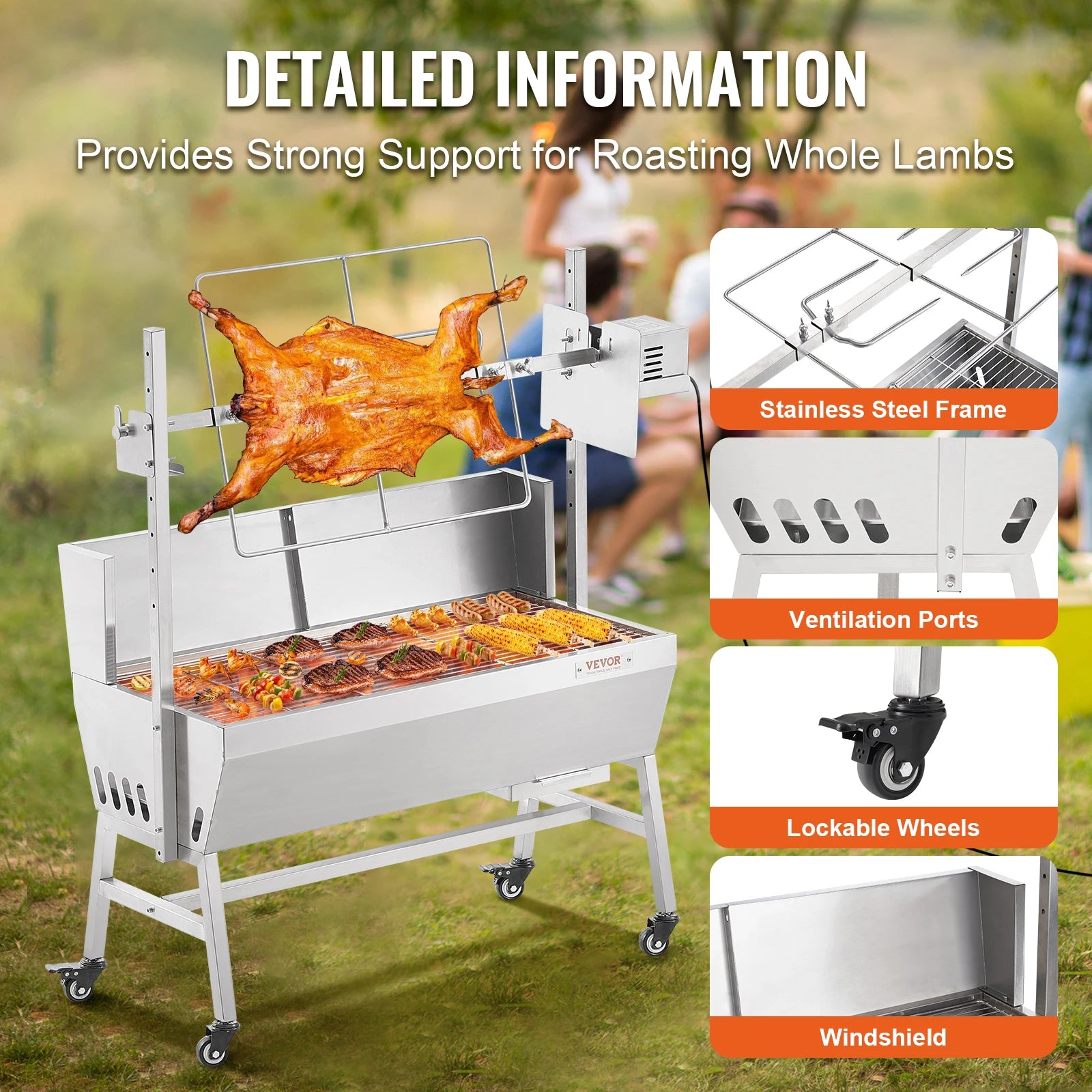 SucceBuy 35inch Rotisserie Grill Electric Motor Charcoal Spit Grill Stainless Steel Roaster w/Lockable Wheels for Camping