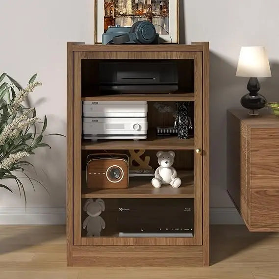Media Cabinet with Door, Black 5-Tier Stereo Cabinet with Adjustable Shelves, AV Media Storage Shelf with Cable Management, Aud