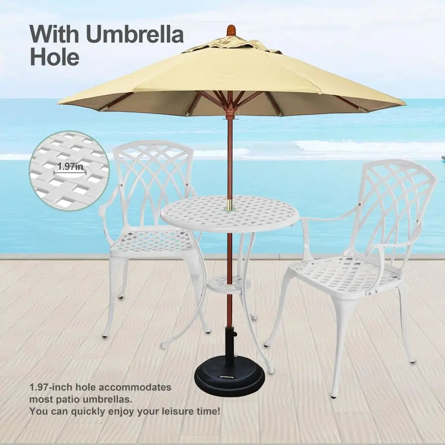 Bistro Table and Chairs Set of 2, Cast Aluminum White Bistro Set Outdoor, Patio Bistro Sets with Umbrella Hole, Round Back Yard