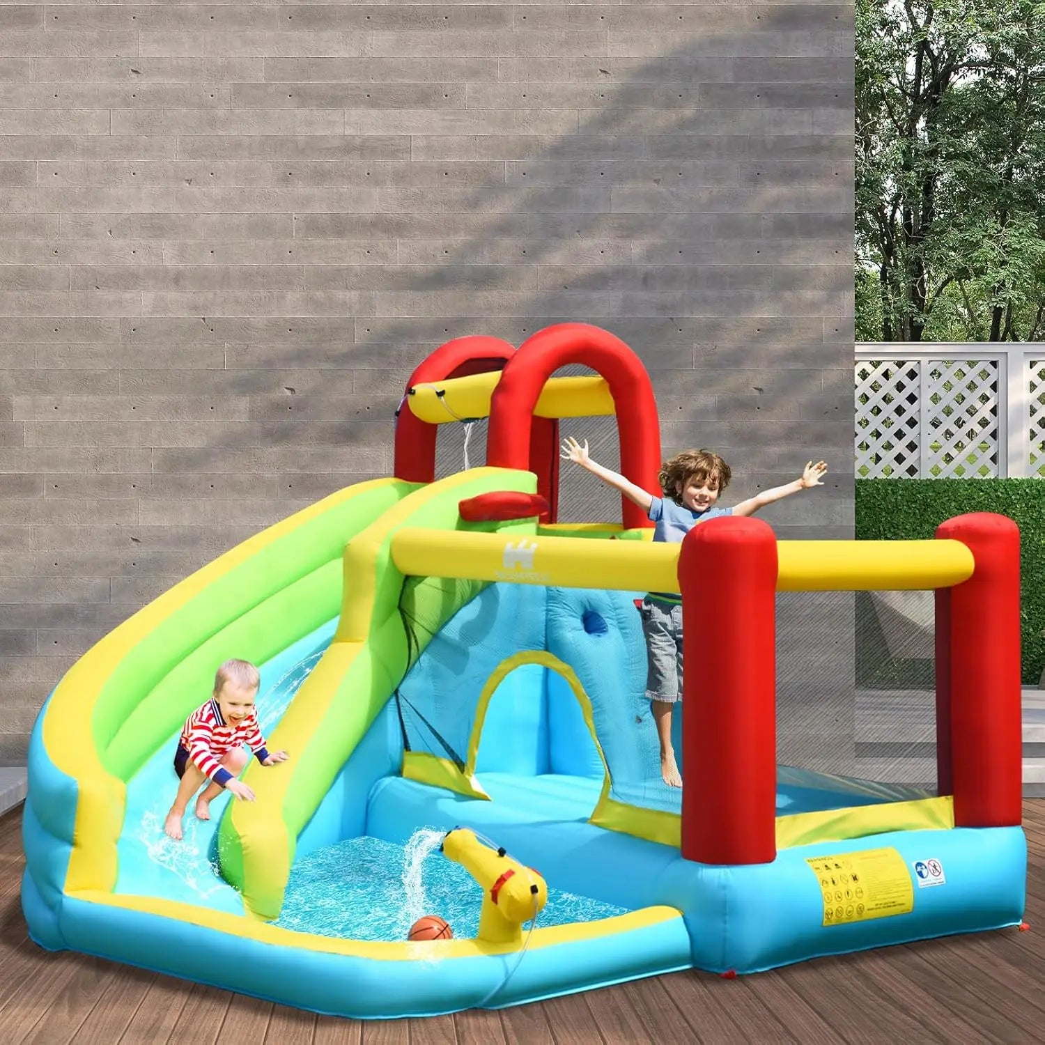 6-in-1 Bounce House, Inflatable Jumper w/Slide, Climbing Wall, Splash Pool, Water Gun, Basketball Hoop, Outdoor Indoor Blow Up B