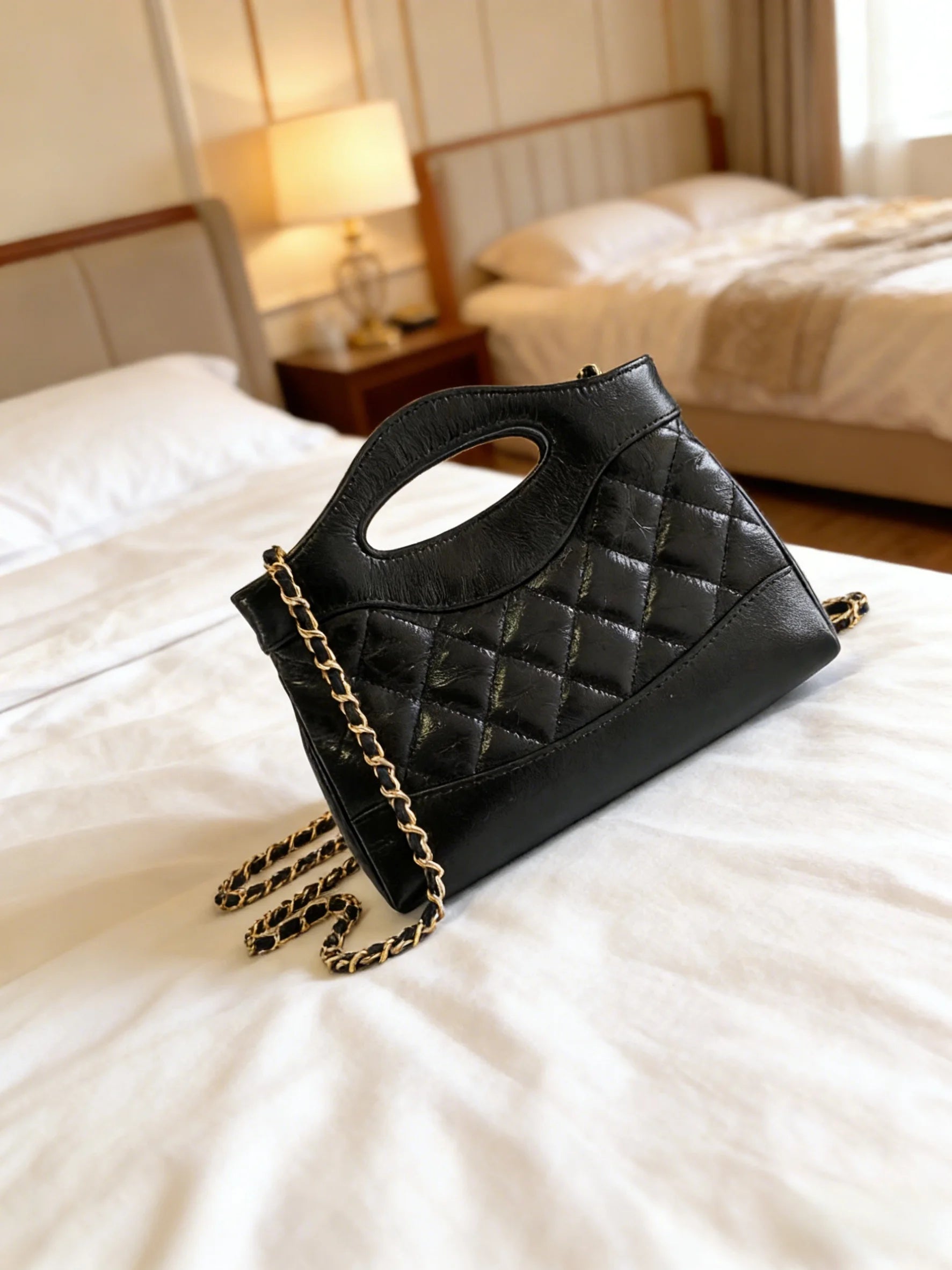 New Black Quilted Leather Crossbody Bag | Cutout Handle Gold Chain Shoulder Bag | Retro Luxury Handbag for Daily/Party
