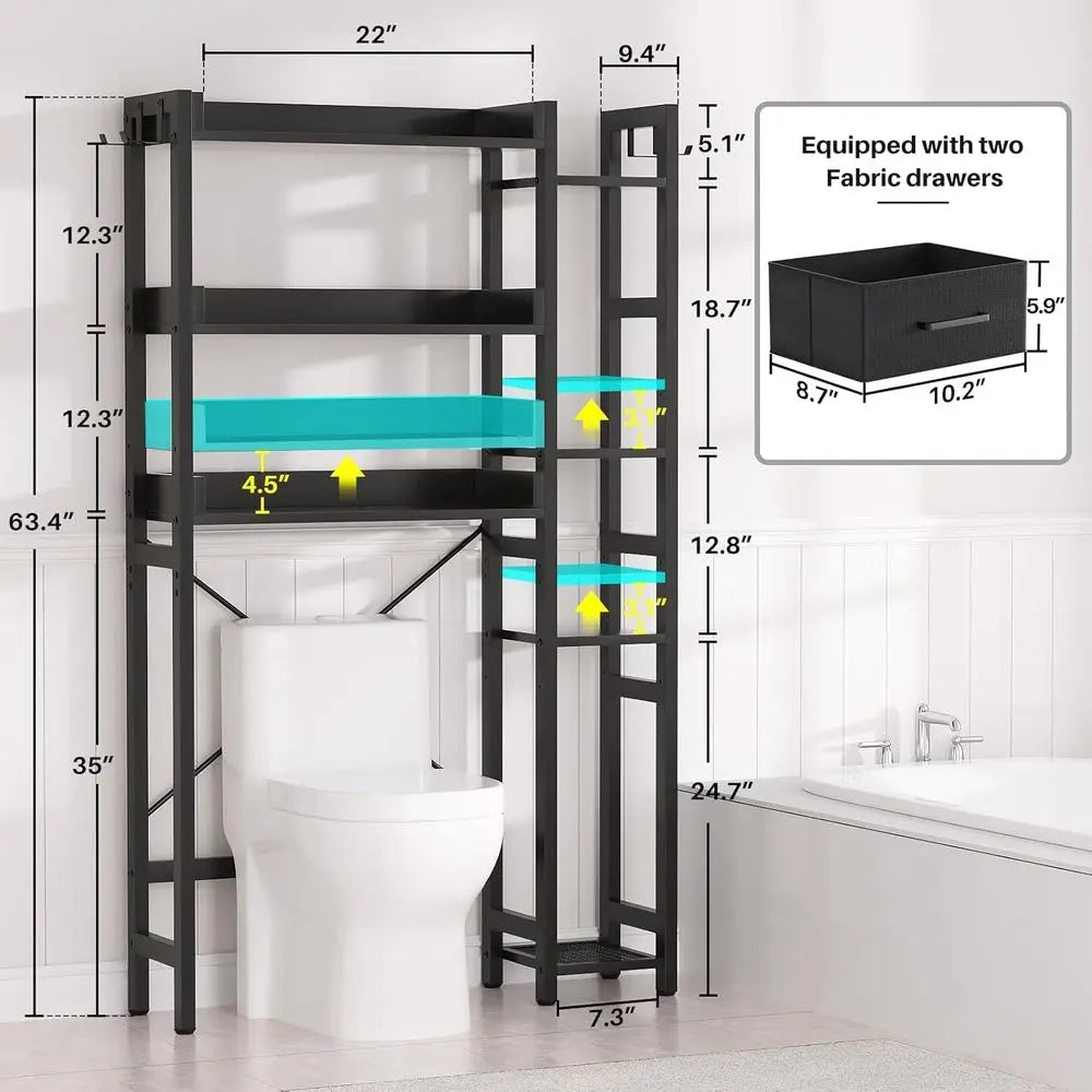 Over The Toilet Storage with 2 Drawers - 7 Tier Bathroom Organizer with Adjustable Shelf, Freestanding Space Saver Storage Rack