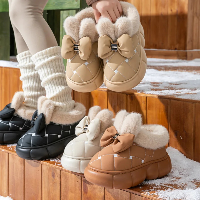 Thick soled bag with cotton slippers, women's winter new fashion bow with plush warm and waterproof snow boots for good 2026