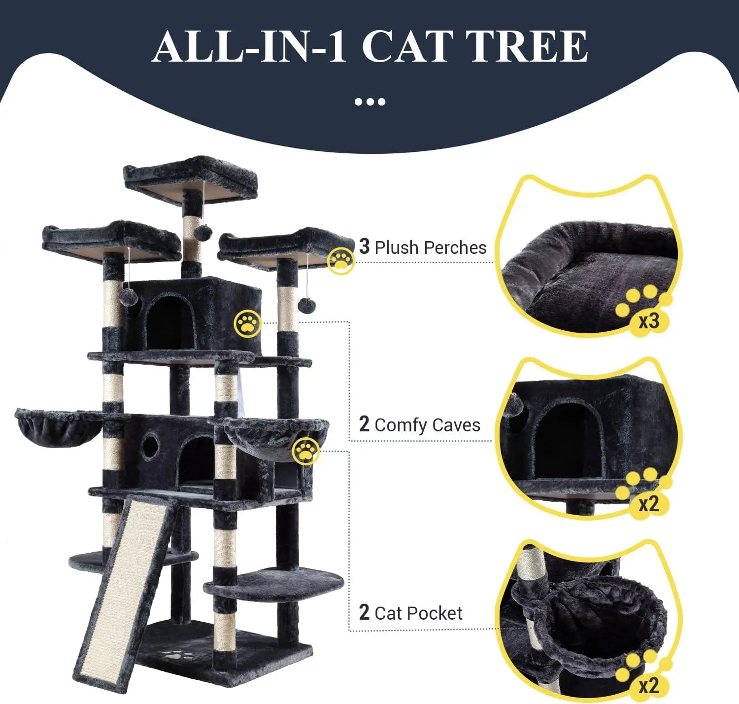 Large Cat Tree with Sisal Scratching Posts, Multi-Level Playhouse for Big Cats, Grey