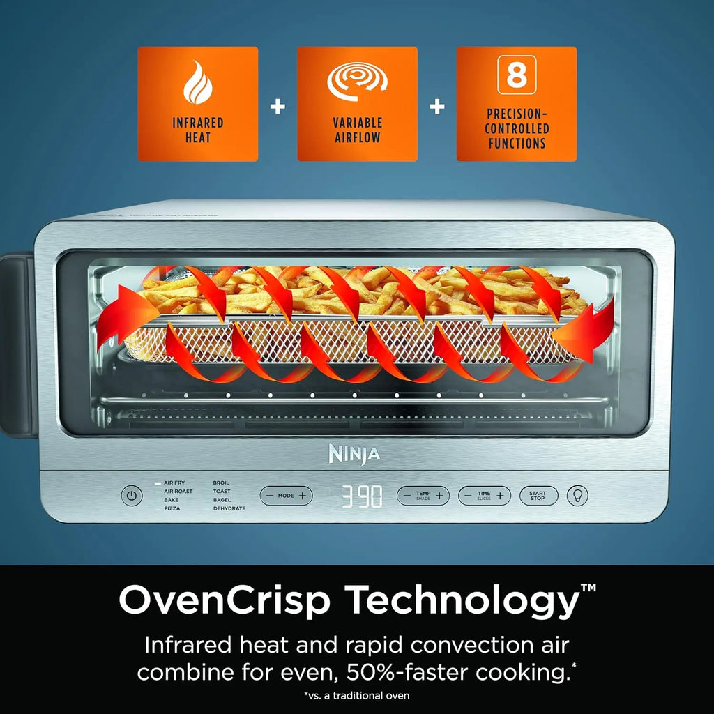 8-in-1 Flip Toaster Oven with Air Fryer, Large Capacity, 1800W, Stainless Steel for Easy Storage