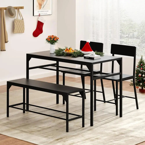 4-Piece Dining Set with Bench and Chairs, Kitchen Table Set for Small Spaces, Metal Frame, Black