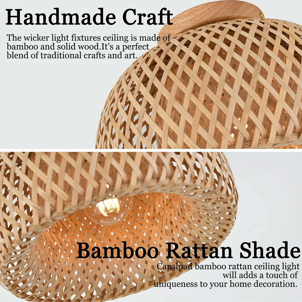 Handmade Boho Bamboo Wicker Ceiling Light Fixture Traditional Farmhouse Bedroom Nursery Hallway Corridor Mount Ceiling Lamp