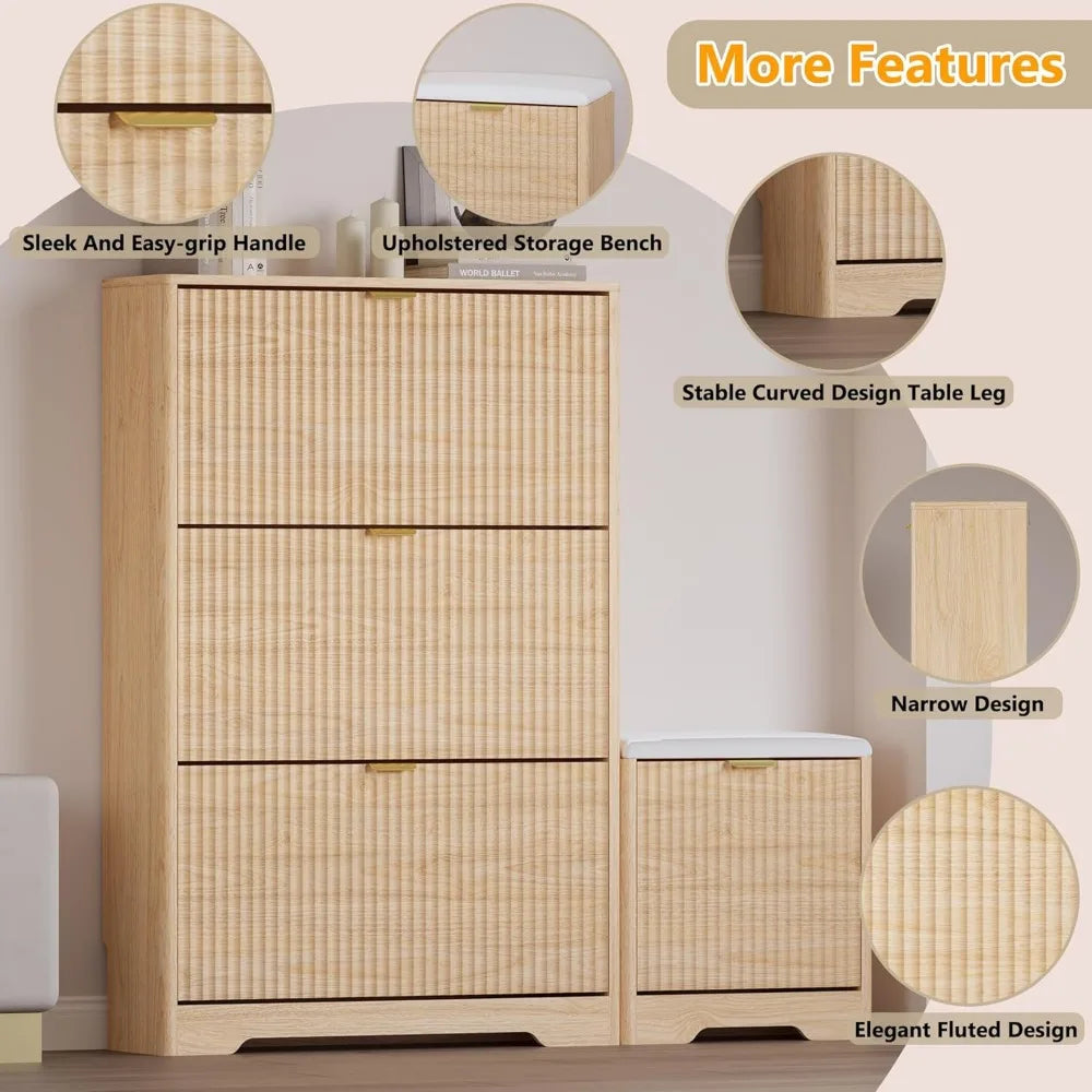 slim shoe cabinet with bench for entryway, hidden storage and adjustable shelves, free standing wooden shoes organizer for foyer