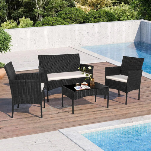 4-Piece Outdoor Patio Furniture Set with Wicker Chairs and Glass Coffee Table for Garden or Poolside