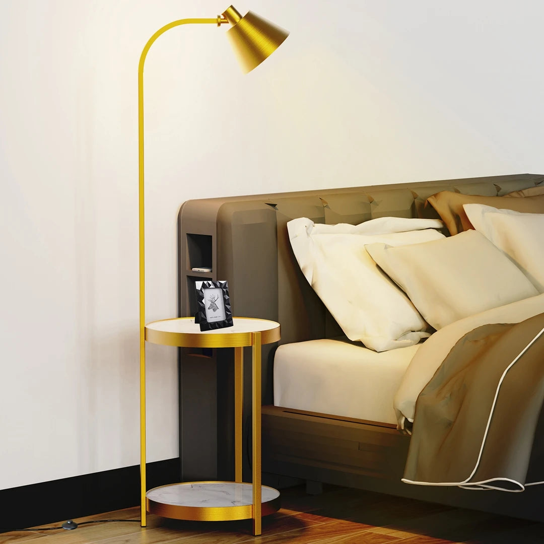 3-in-1 Floor Lamp w/Side Table & Shelves, Golden Iron Frame, Swivel Design for Living Room Bedroom Office