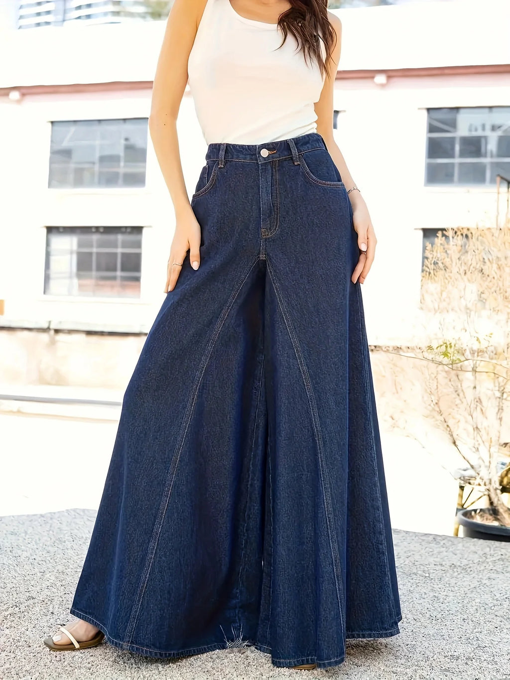 Women's Loose Wide-Leg Jeans with Large Hems, Casual Denim Trousers