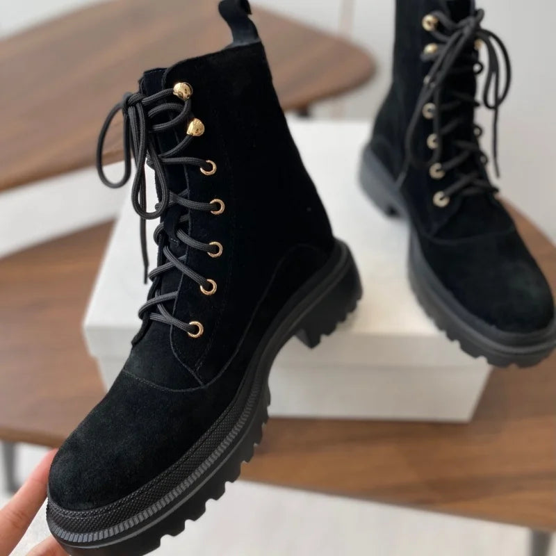 Women's high-quality deer skin winter and autumn new style lace-up boots