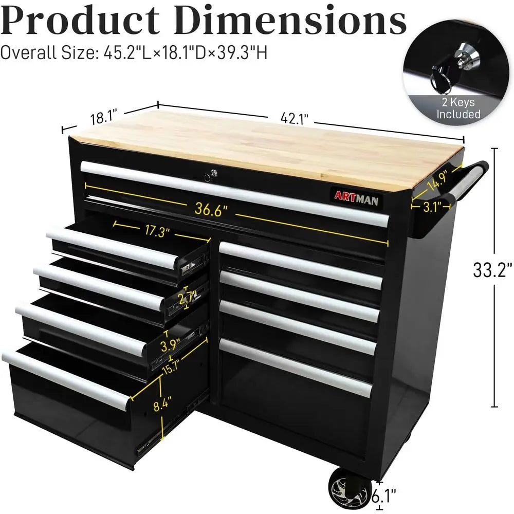 9-Drawer Mobile Tool Chest with Wood Top, Heavy Duty Rolling Workbench for Garage, Workshop, and Repair Shop (Black)