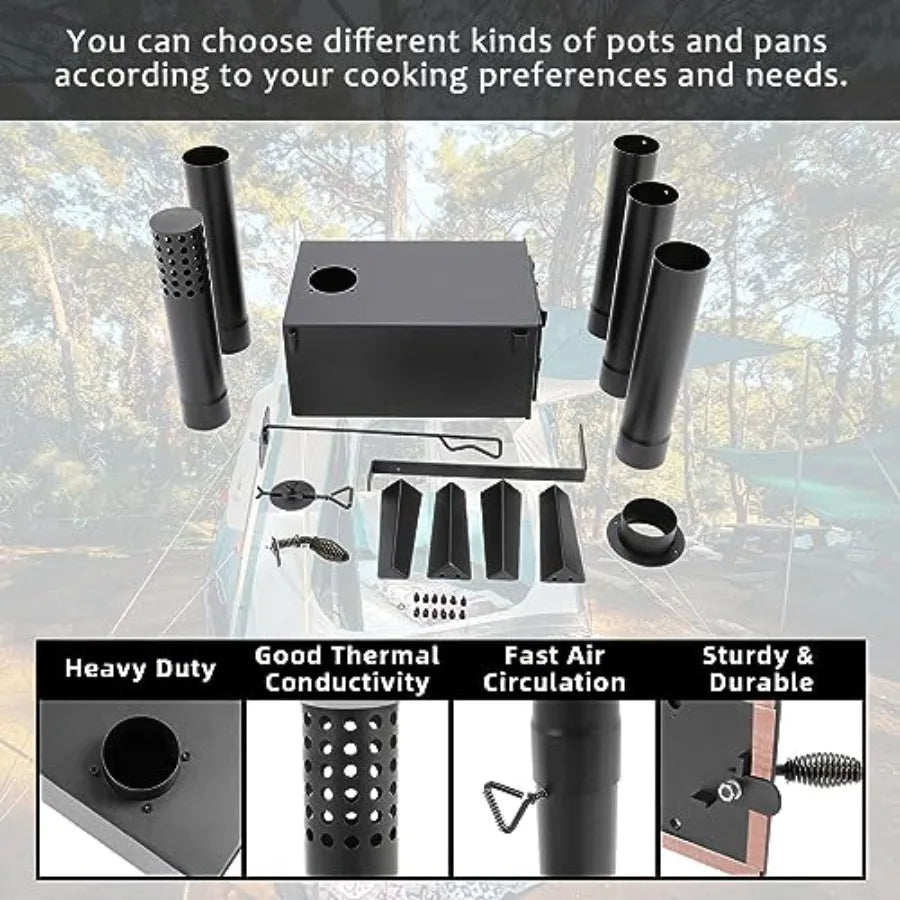 Portable Wood Burning Stove for Outdoor Cooking Fishing Hiking and Travel Compact Design with Storable Chimney Pipes for Effici