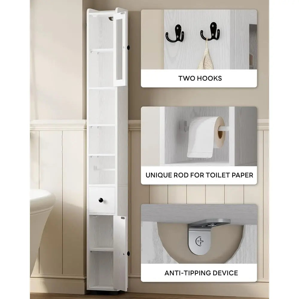 71" Tall Bathroom Storage Cabinet, Narrow Storage Cabinet with Adjustable Shelves, Toilet Paper Rod and 2 Hooks, Freestanding Sl