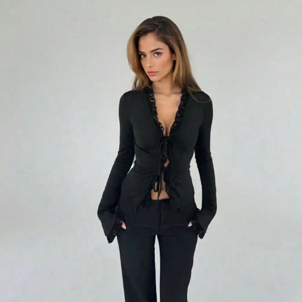 Gala-Ready Ruffle Sleeve Blouse - Fall Sexy V-Neck Blouse - Ruffled Bell Sleeve & Tie Detail Slim Fit Shirt