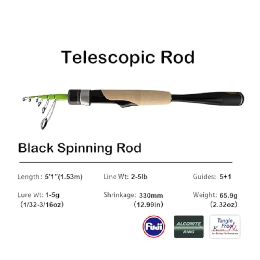 Telescopic Fishing Rod Ultralight or Light Carbon Fiber Rod for Spinning Casting with Fuji Alconite Rings and Reel Sea