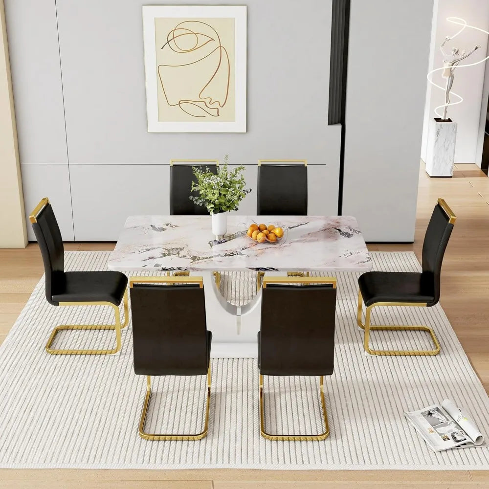 Modern 6-Piece Dining Set with 63 Marble Table and Leather Chairs