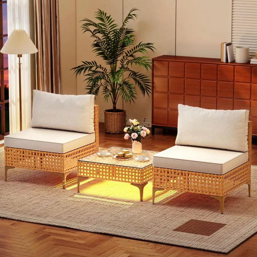 Patio Furniture Set 3 Pieces Outdoor Sectional Sofa with Solar Light Table amp Waterproof Cushions Outdoor Couch AllWeather Rat