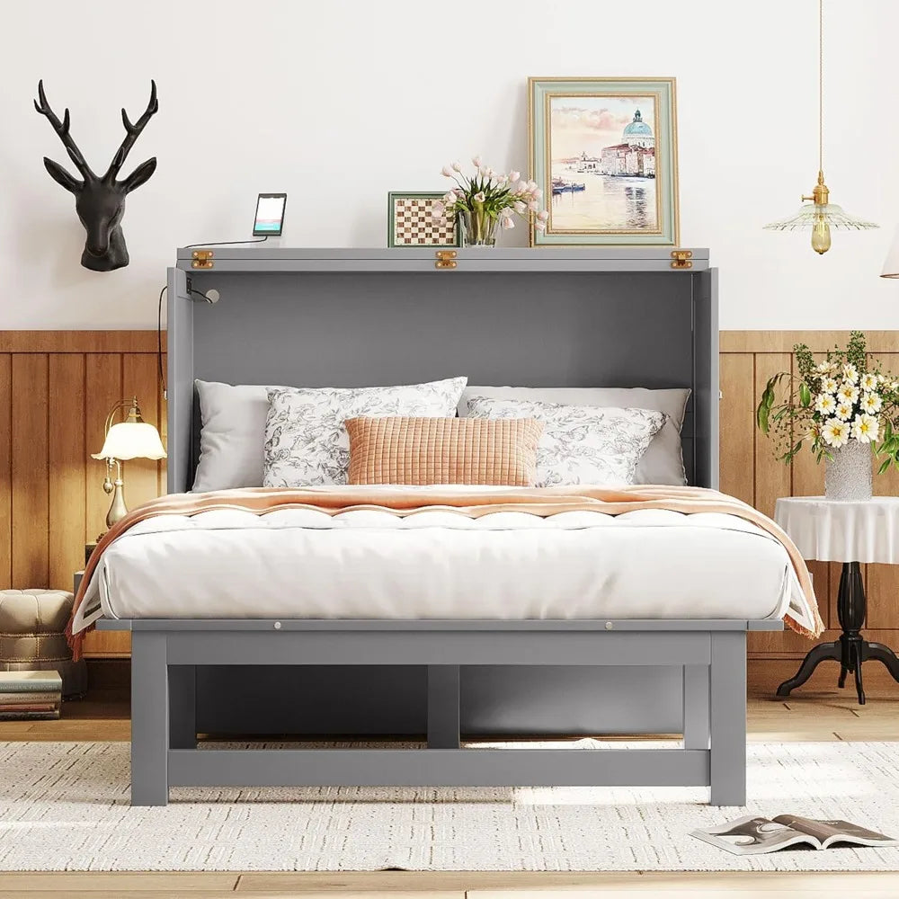 Full Size Murphy Bed with USB Port, Desk and Removable Shelves on Each Side, Full Platform Bed Wood Frame