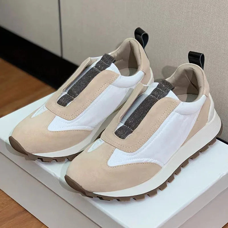 Spring Autumn Sneakers Women Lace Up Round Toe Flat Shoes Lady Suede Leather Patchwork Casual Comfort Outdoor Sports Shoes Woman