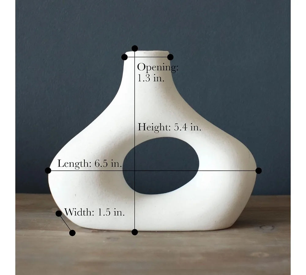 Set of 2 White Large Ceramic Donut Vases - Minimalist Nordic Hollow Centerpiece for Home, Wedding, Office Decor