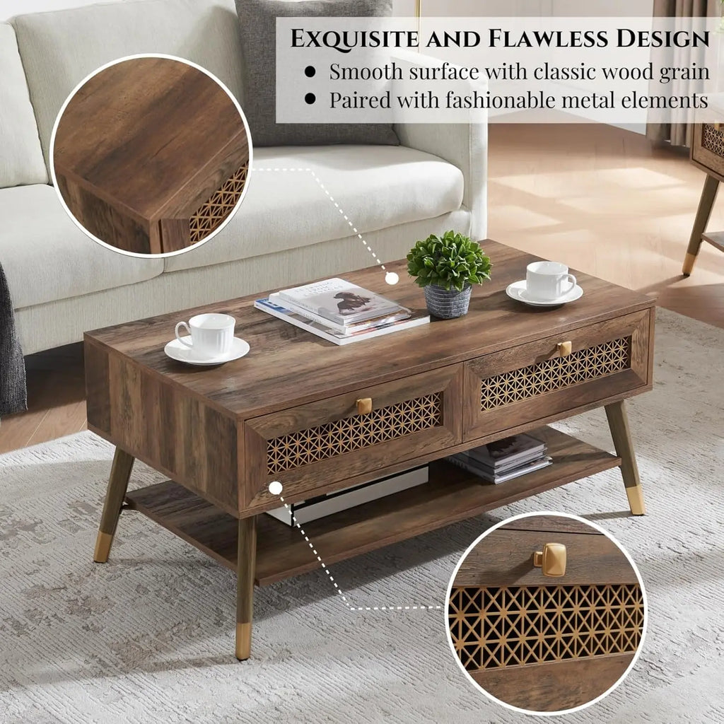 Mid Century Modern Coffee Table with Storage Drawers & Open Shelf, Solid Wooden Boho Rectangle Table