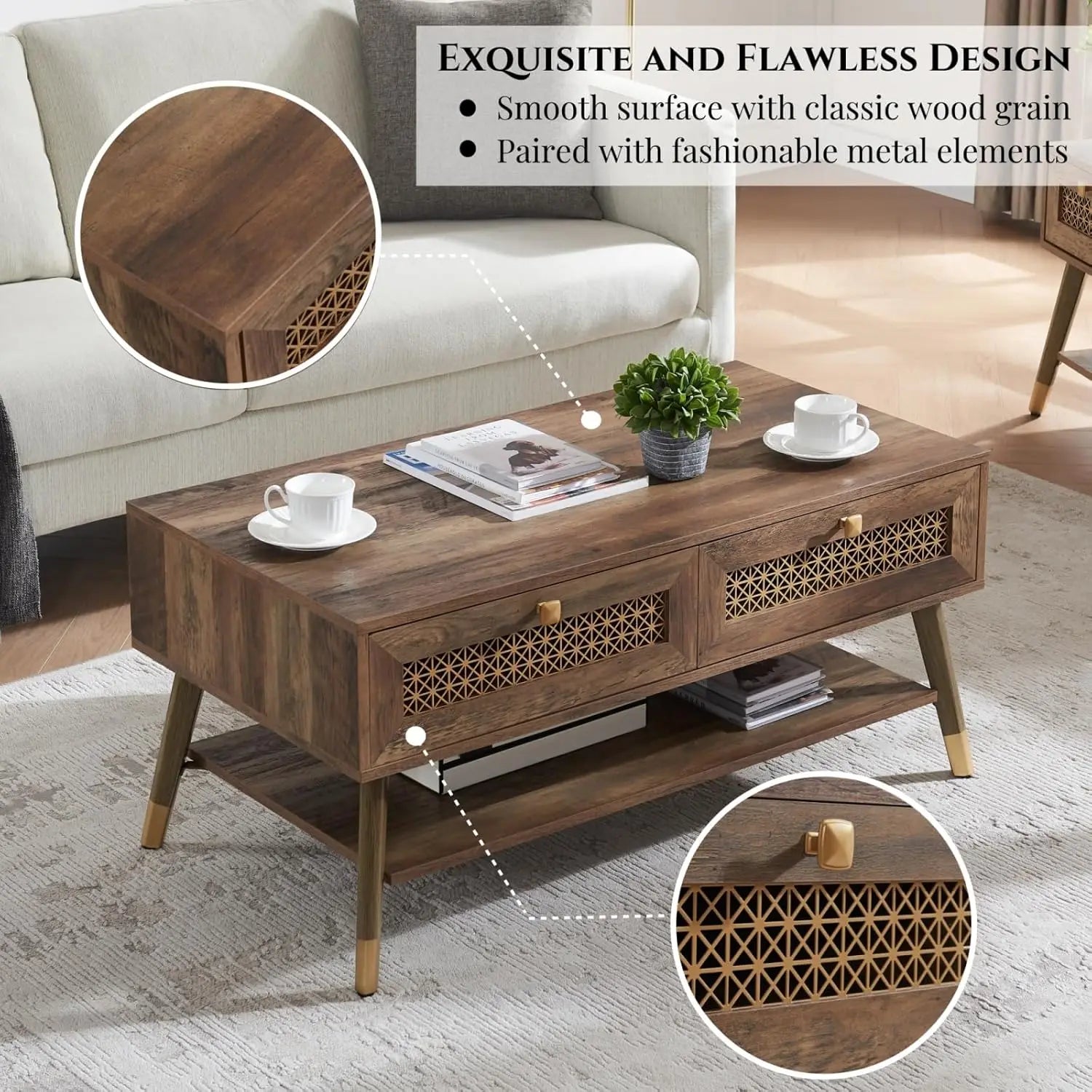 Mid Century Modern Coffee Table with Storage Drawers & Open Shelf, Solid Wooden Boho Rectangle Table