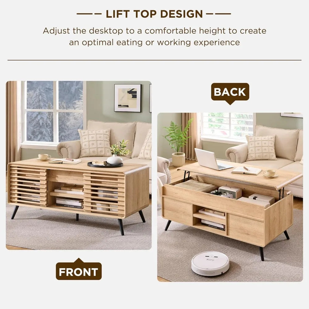 48 Lift top Coffee Table, mid Century Modern Coffee Table with Slatted Sliding Door, Hidden Storage Compartment, 4 Stor
