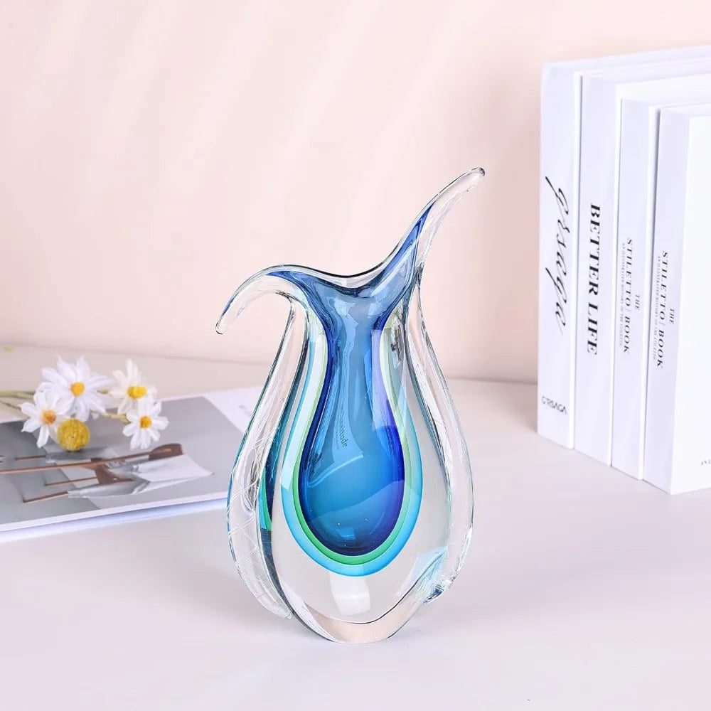 Artisan Hand Blown Glass Vase, Murano-Inspired Ellipse Design, Blue Art Glass for Single Stem Flowers, Elegant Table Centerpiece