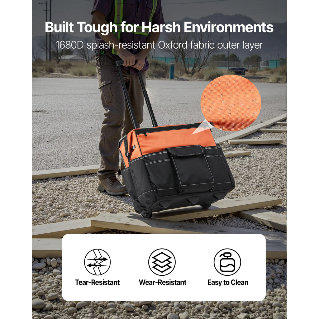 SucceBuy 110 lbs Rolling Tool Bag 27 Pockets Roller Tool Bag on Wheels with Adjustable Telescoping Handle for Construction Tools