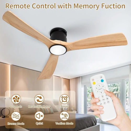 52inches Ceiling Fan with Lights,Wooden Flush Mount Ceiling Fans with Remote Control,Dimmable Light,3 CCT,6 Speeds,Noiseless,Cei