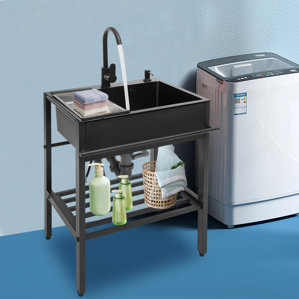 60x45cm Freestanding Stainless Steel Sink with Black Faucet Soap Dispenser Utility Kitchen Laundry Sink